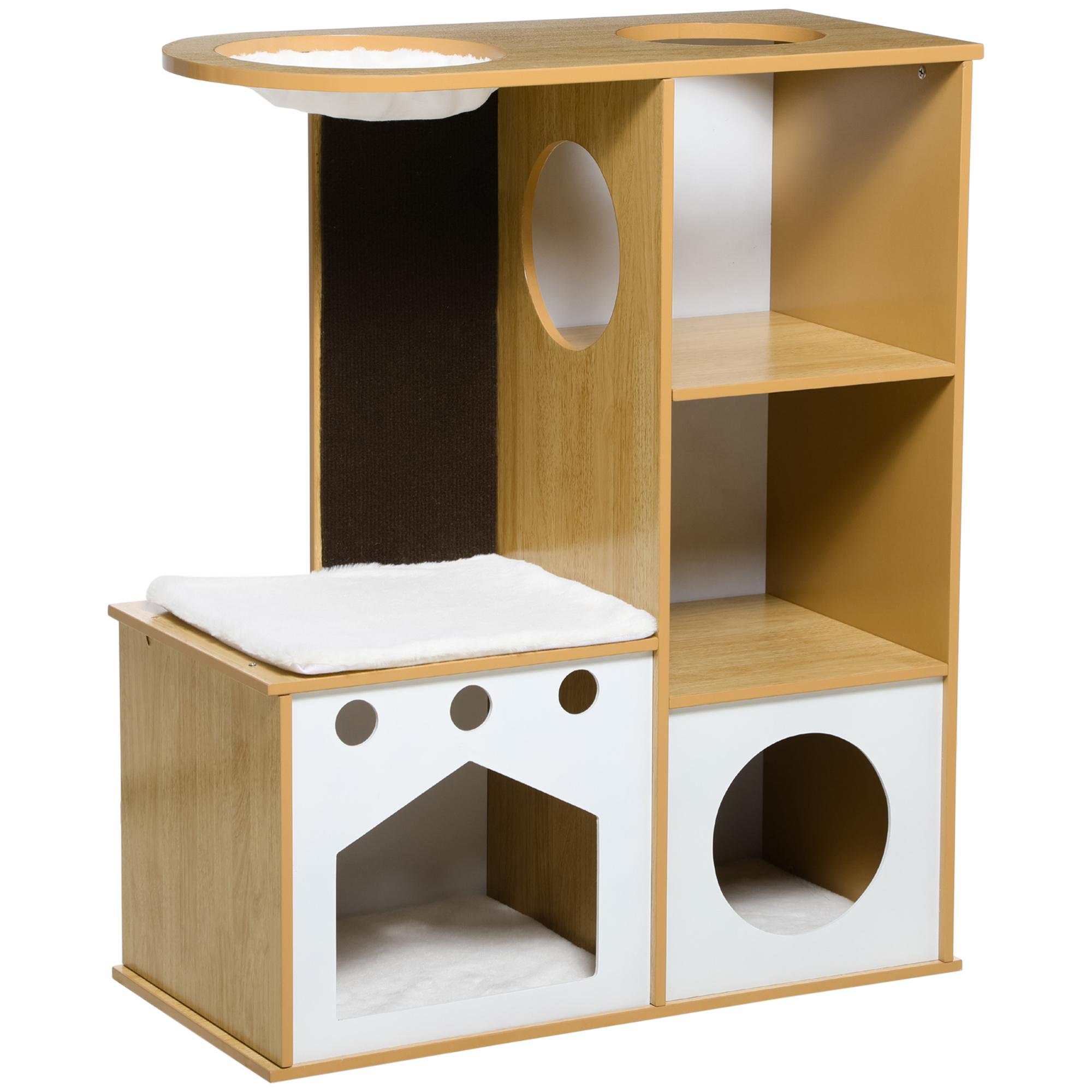 Árbol Rascador para Gatos de Madera 92,5 cm Torre para Gatos para Gatitos de Interior con 2 Cuevas Rascador Hamaca y Cojines de Felpa 76x37x92,5 cm Roble