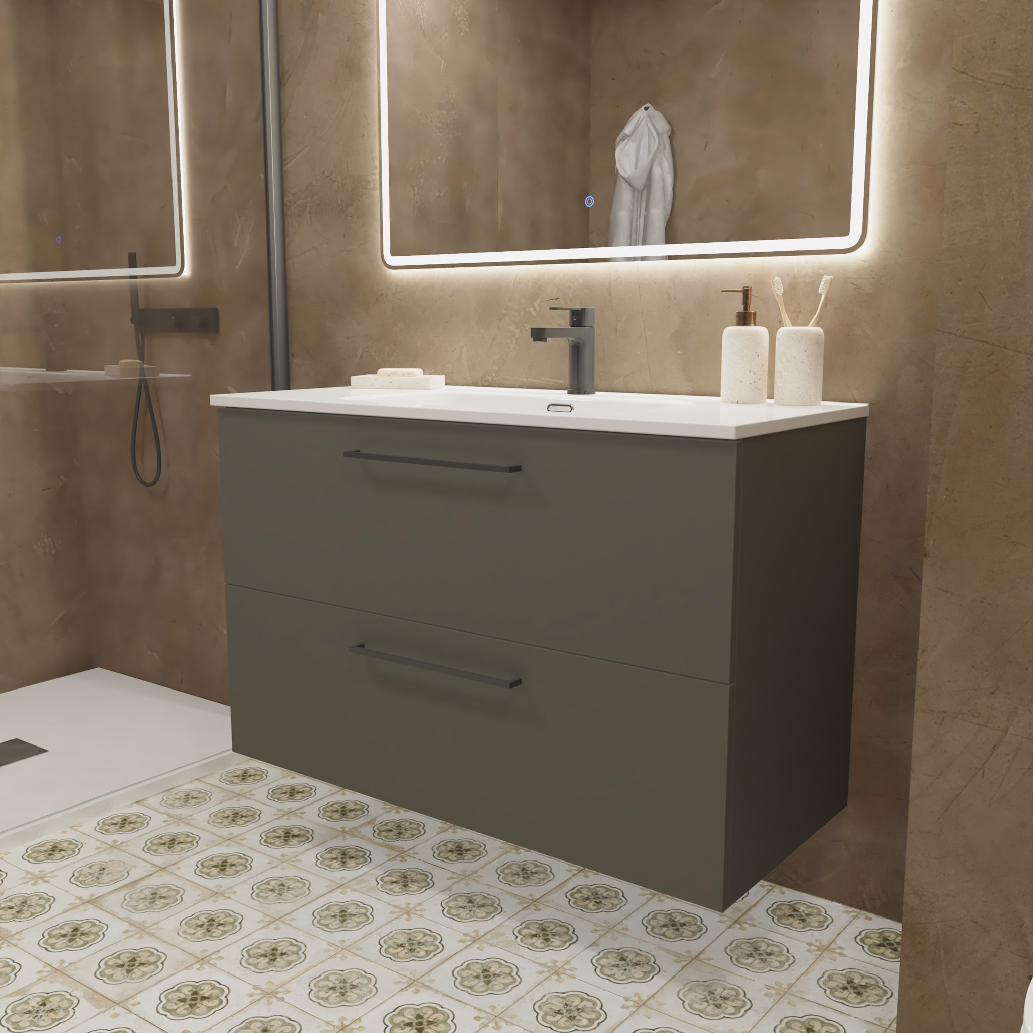 Conjunto de Baño Vex | 100 cm Gris| Dos Cajones | Lavabo Encastrado | No incluye Espejo | Mueble Montado | Alday