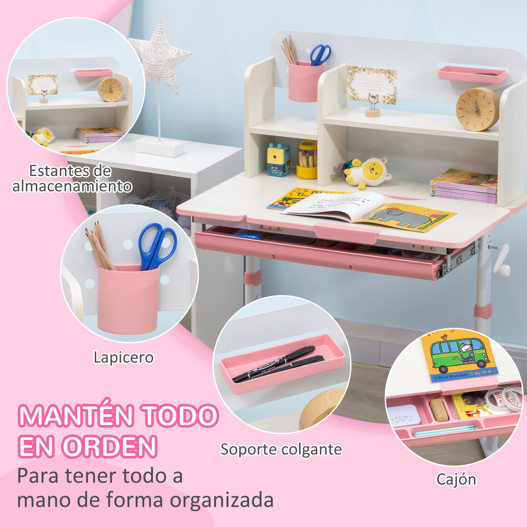 Juego de Escritorio y Silla para Niños de +3 Años con Altura Ajustable Pupitre Infantil con Tablero de Mesa Inclinable Cajón y Estantería para libros 80x52x88-109 cm y 35,5x44,5x66-80 cm Rosa