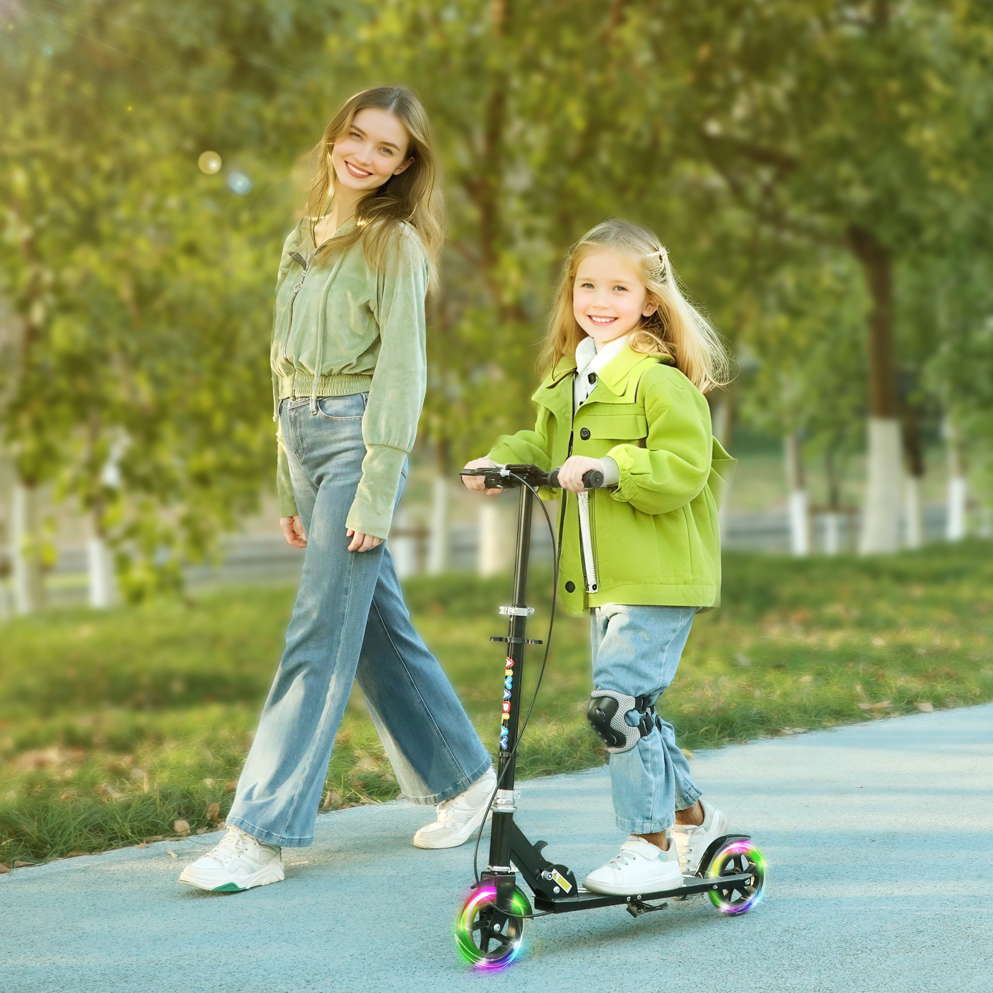 Patinete Plegable para Niños de 3-8 Años, Patinete Infantil de 2 Ruedas con LED Luces, Manillar de 4 Altura Ajustable, Freno Posterior y de Mano, Negro
