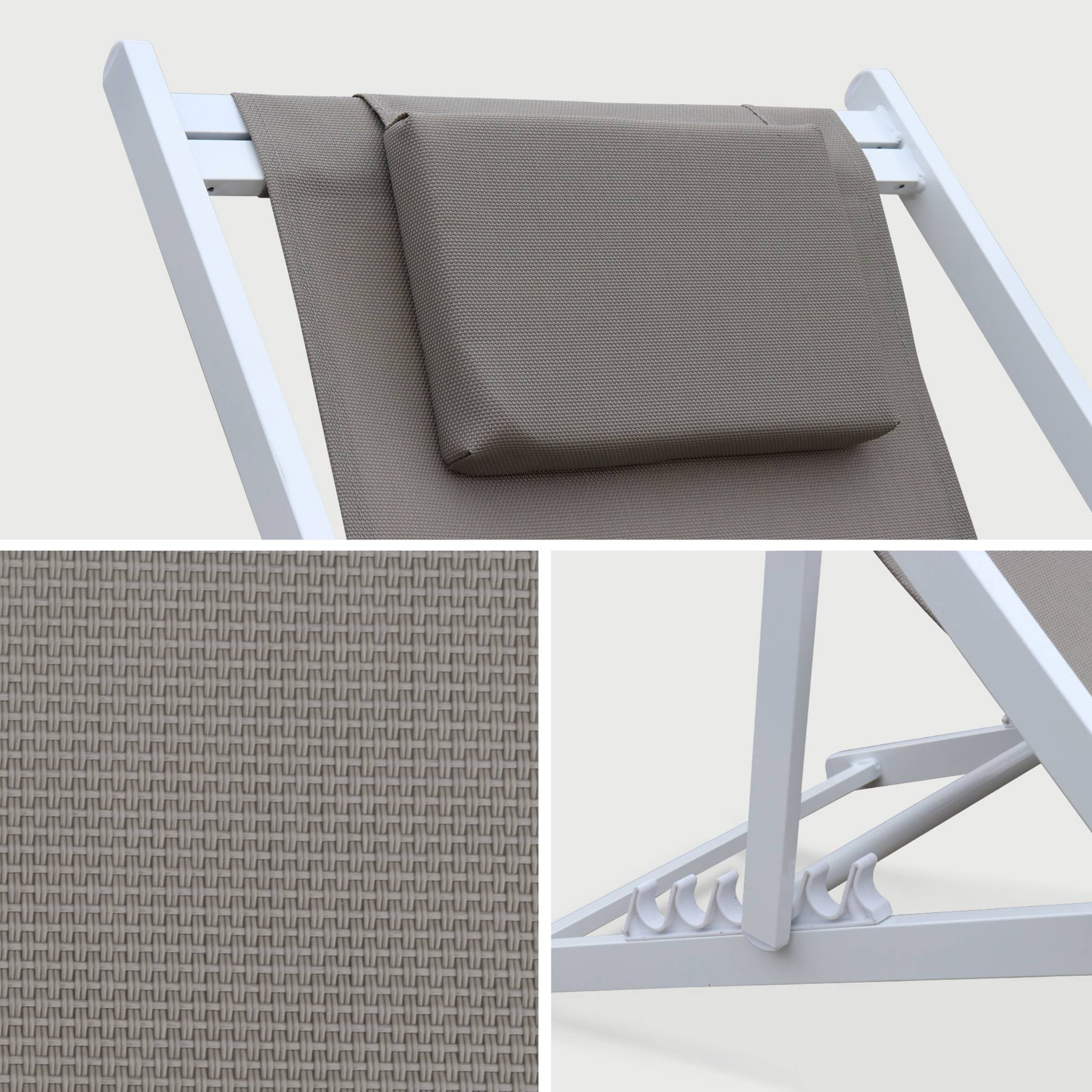 Lot de 2 bains de soleil - Gaia taupe - en aluminium blanc et textilene taupe avec coussin repose tête. chilienne