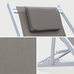 Lot de 2 bains de soleil - Gaia taupe - en aluminium blanc et textilene taupe avec coussin repose tête. chilienne