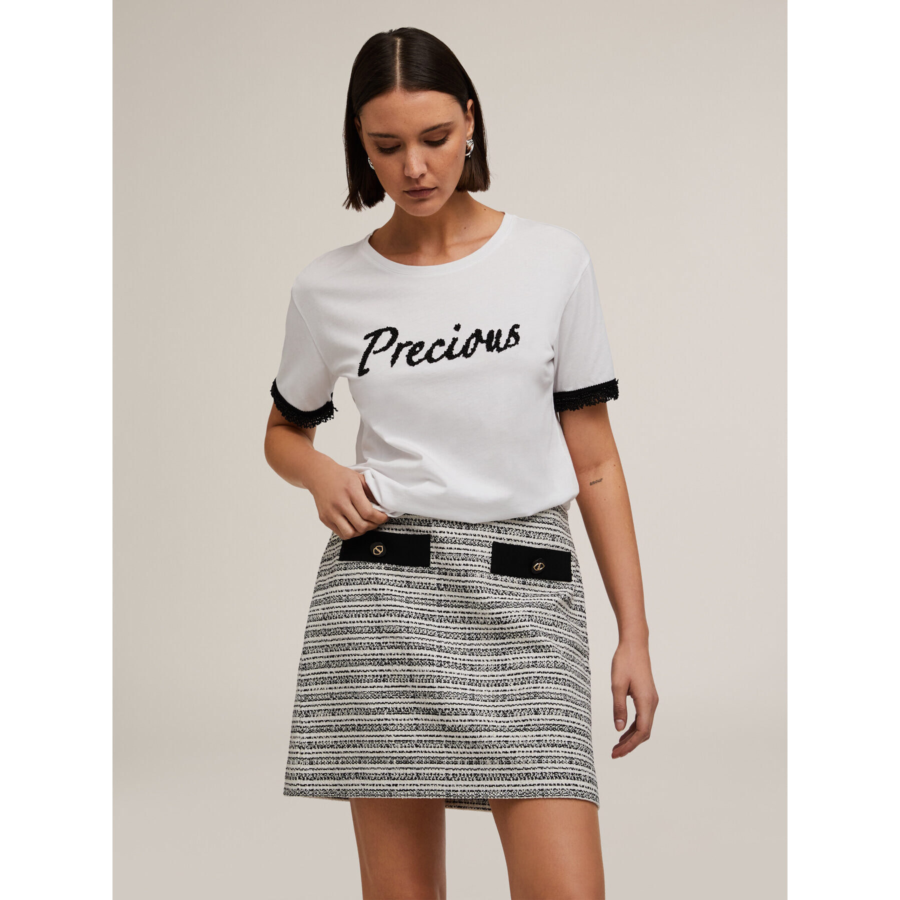 Motivi - Camiseta de algodón con texto en cuentas - Blanco