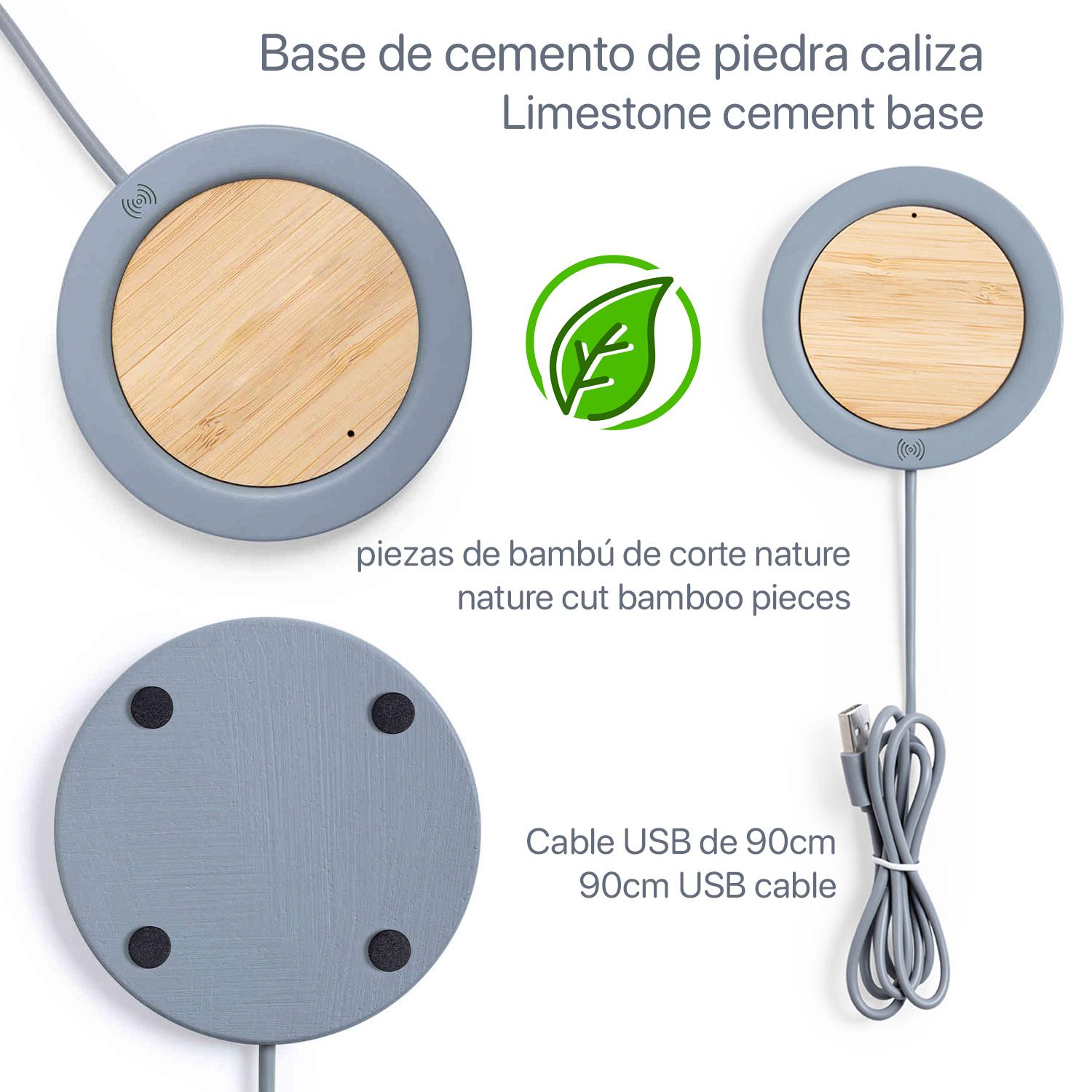 Caricabatterie wireless Qi Feskon in cemento e bambù.