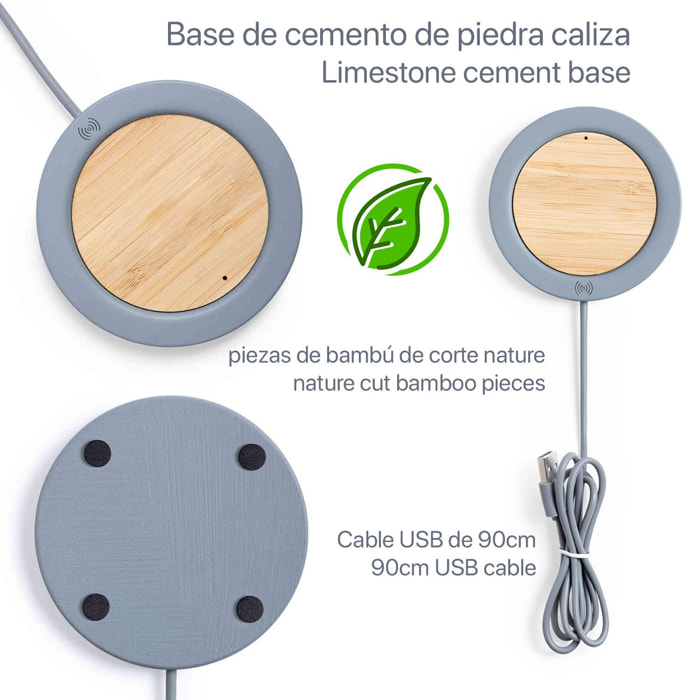 Caricabatterie wireless Qi Feskon in cemento e bambù.