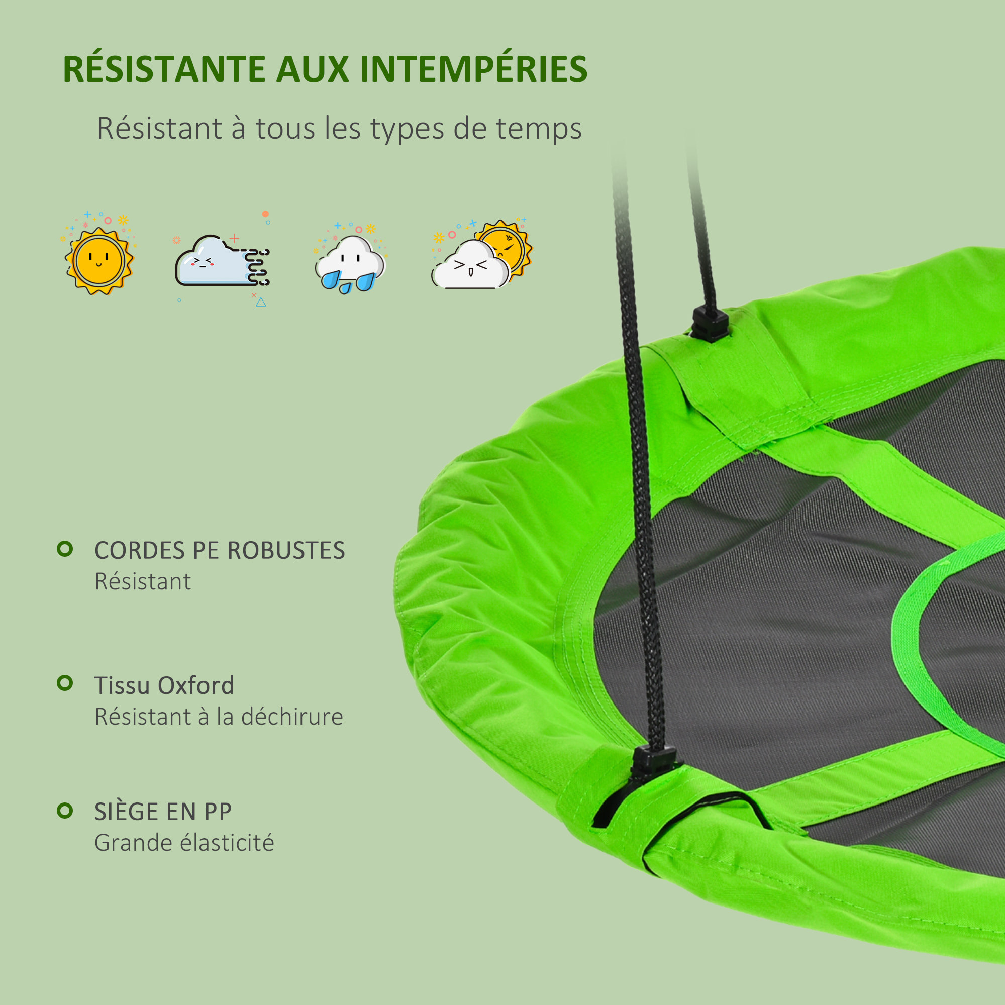 Balançoire nid d'oiseau ronde balançoire panier Ø 110 cm 4 anneaux inclus métal époxy Oxford haute densité vert