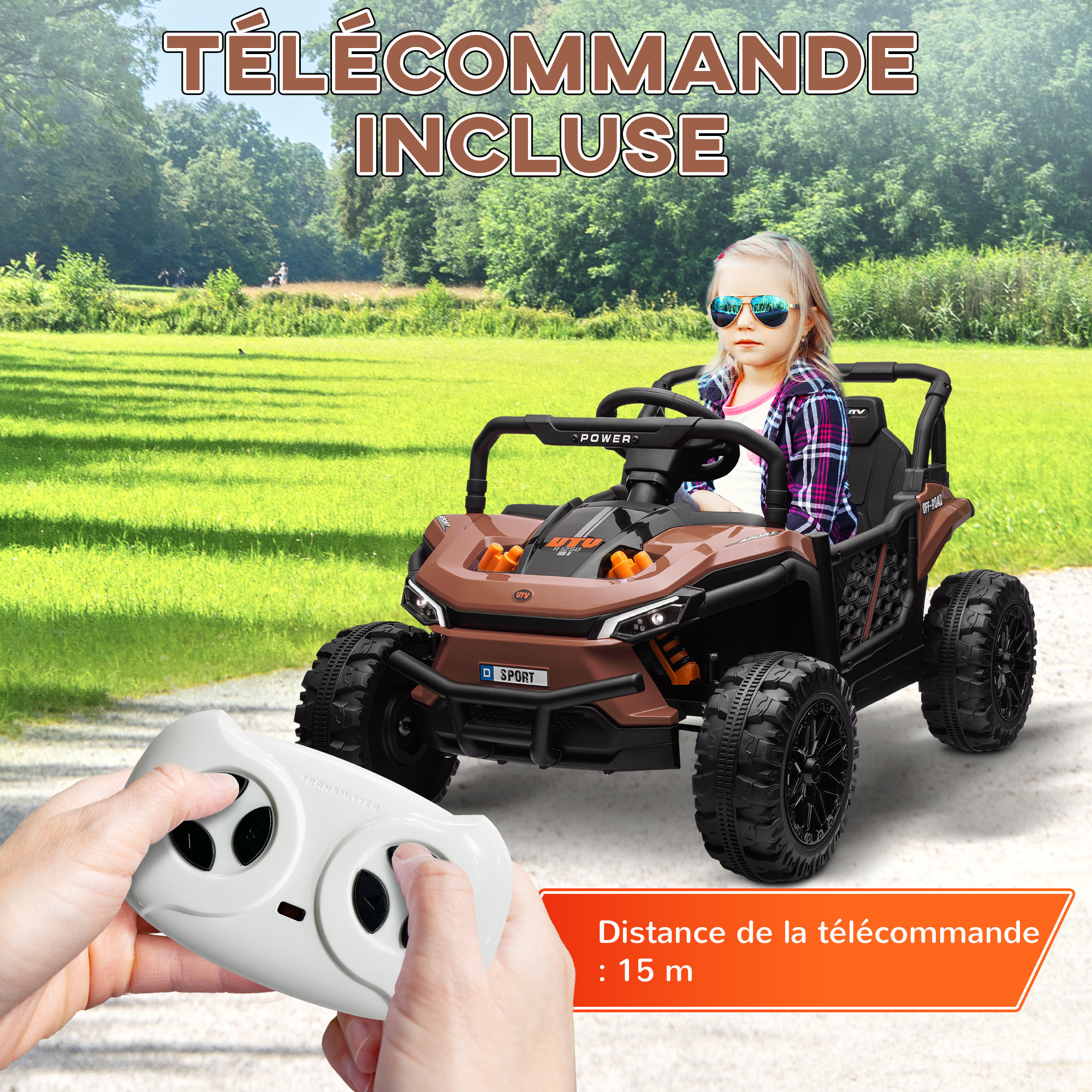 Buggy électrique enfant UTV - quad électrique enfant - 12V, 2 moteurs, 6Km/h max. - télécommande - nombreux effets - noir marron