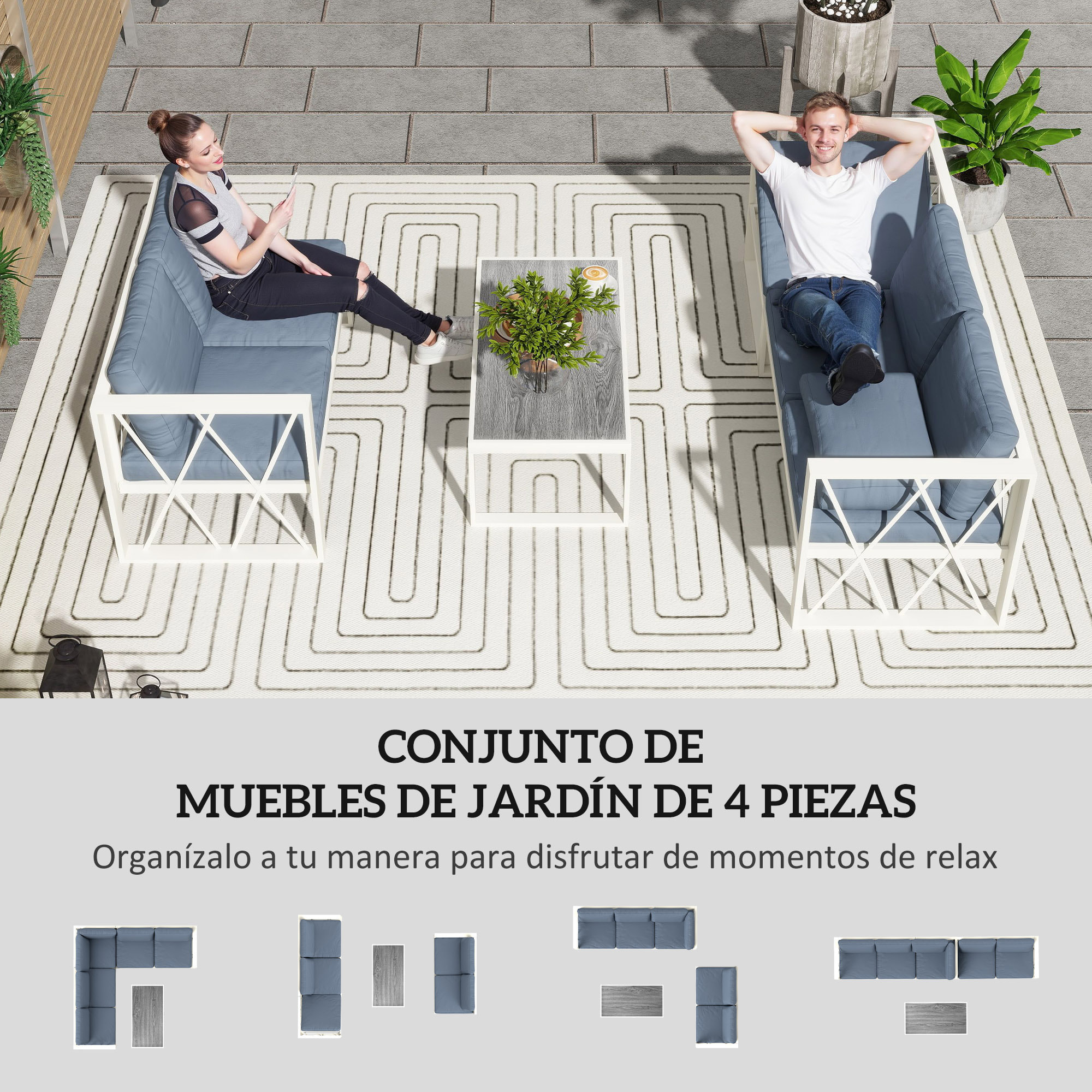 Conjunto de Muebles Jardín Exterior de 4 Piezas Sofá Exterior Seccional Forma de L con 2 Sofás de 2 Plazas Sofá de Esquina con Asiento Ajustable y Mesa Centro de DPC con Cojines Beige y Gris