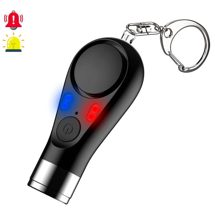 Alarma SOS personal con luz LED brillante, señal roja/azul y sonido de 130±5 dB. Batería recargable.