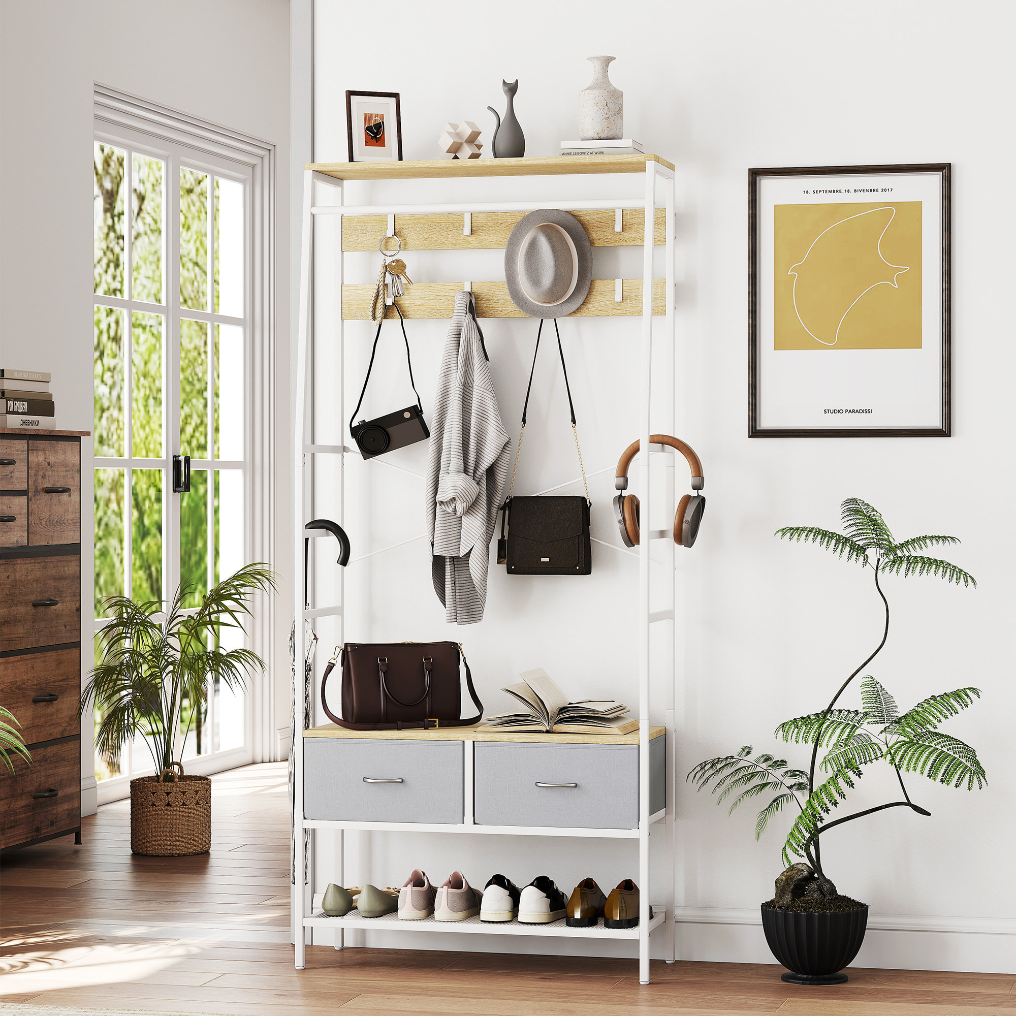 Perchero Zapatero Perchero Entrada Recibidor con Zapatero 8 Ganchos 2 Cajones de Tela Barra Estante de Malla Estilo Industrial para Pasillo Dormitorio Salón 80x30x180,5 cm Natural