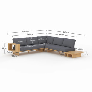 Canapé d'angle de jardin en bois et tissu gris 4 places - Seya