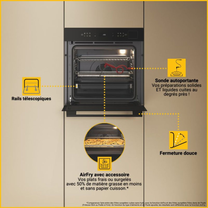 Four encastrable fonction vapeur WHIRLPOOL WOI7A8FPT1SBAF - Pyrolyse - Chaleur tournante - Combiné vapeur - Porte froide
