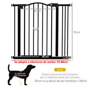 Barrera de seguridad para Perros Extensible 74-87 cm, para Puertas y Escaleras, Barrera para Perros con Extensión 7 cm, Montaje a Presión y Doble Bloqueo, Negro