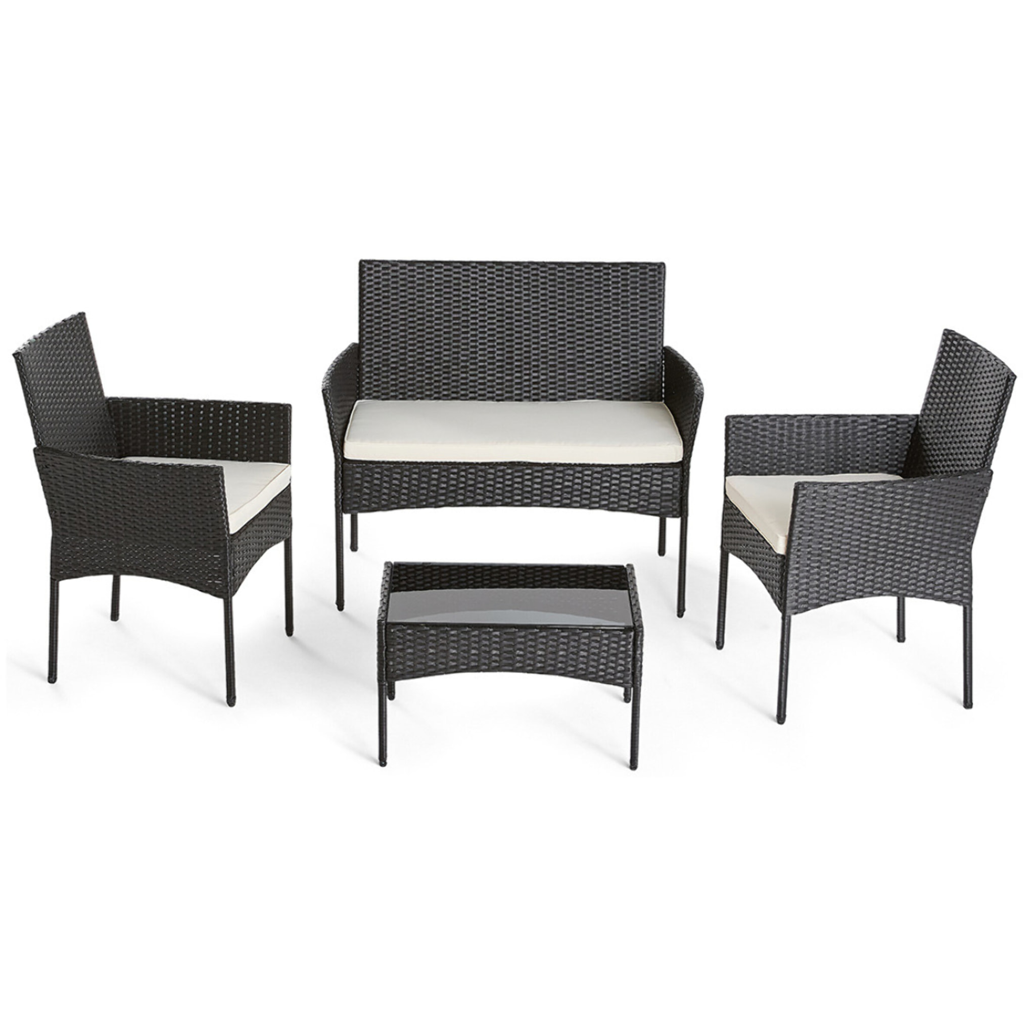 Marbella - salon bas de jardin 4 places - en résine tressée - noir avec coussins beiges - Noir / Blanc