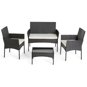 Marbella - salon bas de jardin 4 places - en résine tressée - noir avec coussins beiges - Noir / Blanc