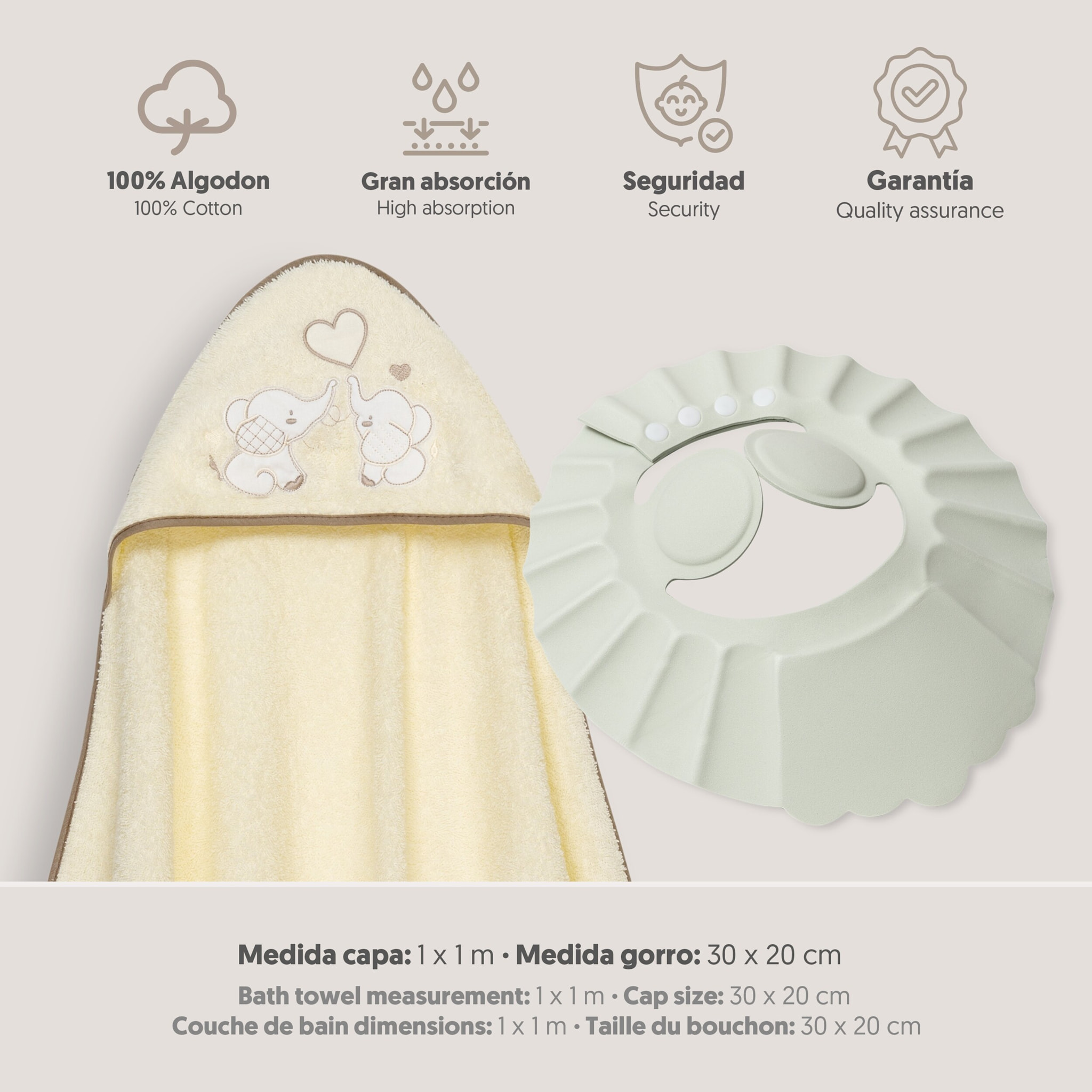 Capa Baño 1X1 Mod Parejita Elefante+Gorro Beig