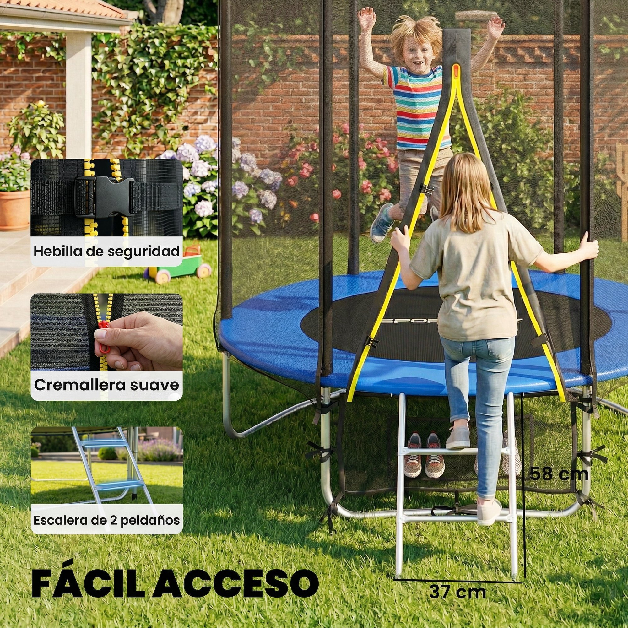 Cama Elástica Niños Exterior Ø183 cm, Trampolín para Niños de +6 Años con Red de Seguridad, Escalera de 2 Peldaños, Cubierta de Muelles, Bolsa de Almacenamiento, Carga 80 kg, Azul