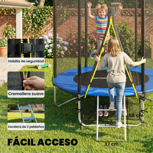 Cama Elástica Niños Exterior Ø183 cm, Trampolín para Niños de +6 Años con Red de Seguridad, Escalera de 2 Peldaños, Cubierta de Muelles, Bolsa de Almacenamiento, Carga 80 kg, Azul