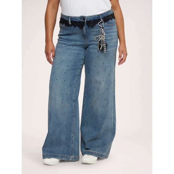 Fiorella Rubino - Jeans Wide Leg con encaje y charm - Azul