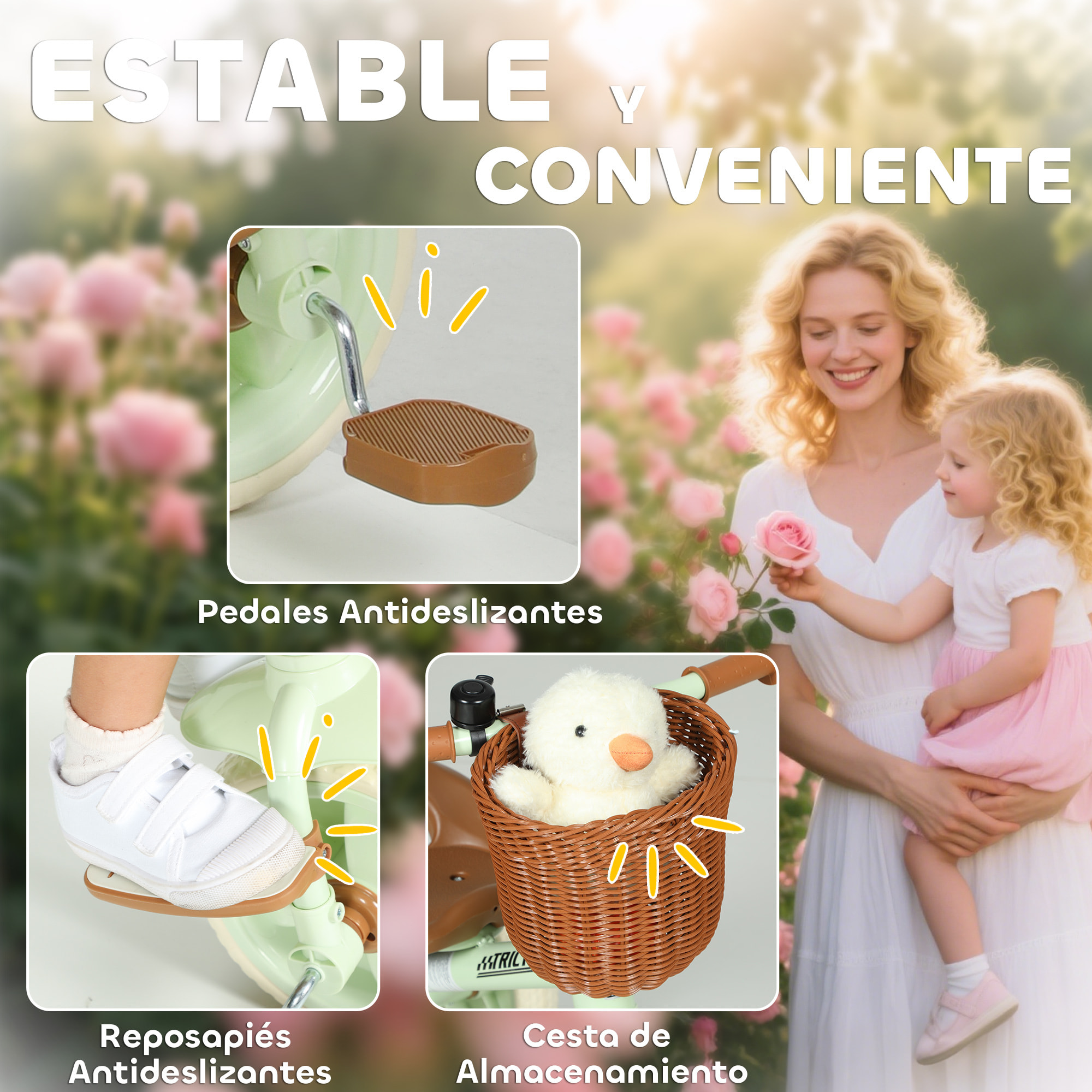 Triciclo para Bebés 2 en 1, Triciclo Evolutivo, 2-5 Años, con Barra Parental Ajustable, Pedales Antideslizantes, Reposapiés Plegables y Cesta, para Niños y Niñas, Verde
