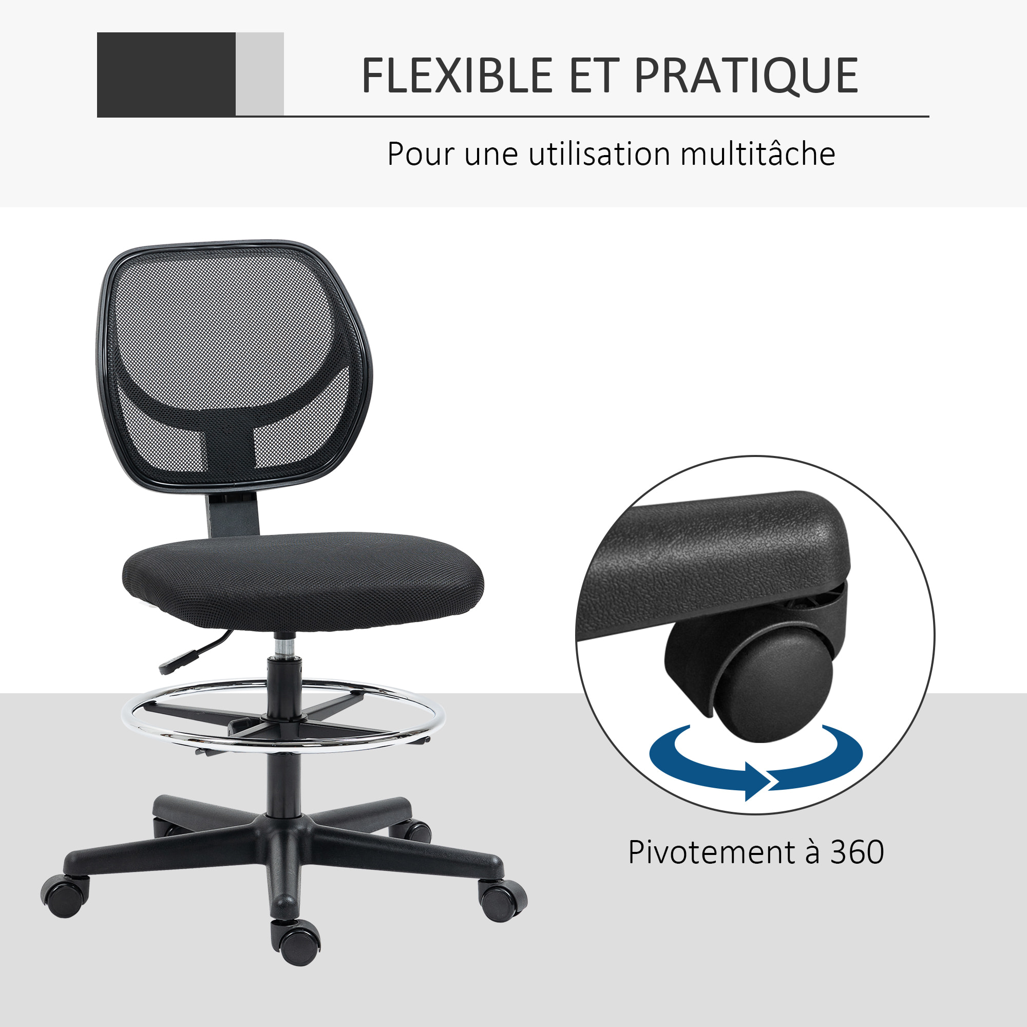 Chaise de bureau assise haute réglable dim. 59L x 61l x 93-113H cm pivotant 360° tissu maille respirante noir