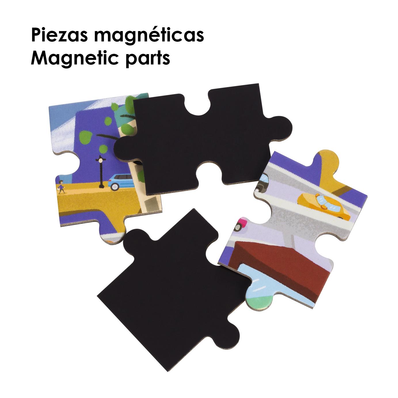 Puzzle design Traffico nella città di 40 pezzi magnetici. Formato a libro, 2 puzzle da 20 pezzi in 1.