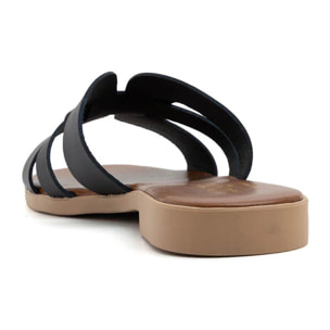 Ciabatta slide con fasce incrociate in vera pelle - NERO