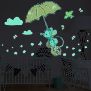 Sticker phosphorescent lumineux - SOURIS EN PARAPLUIE