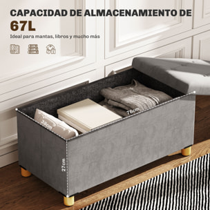 Puff Almacenaje, Banco Almacenaje Plegable, Capacidad de 67 L, 76x38x38 cm, Tapizado en Terciopelo, Baúl de Almacenamiento Dormitorio, Carga 120 kg, para Sala de Estar, Entrada, Gris
