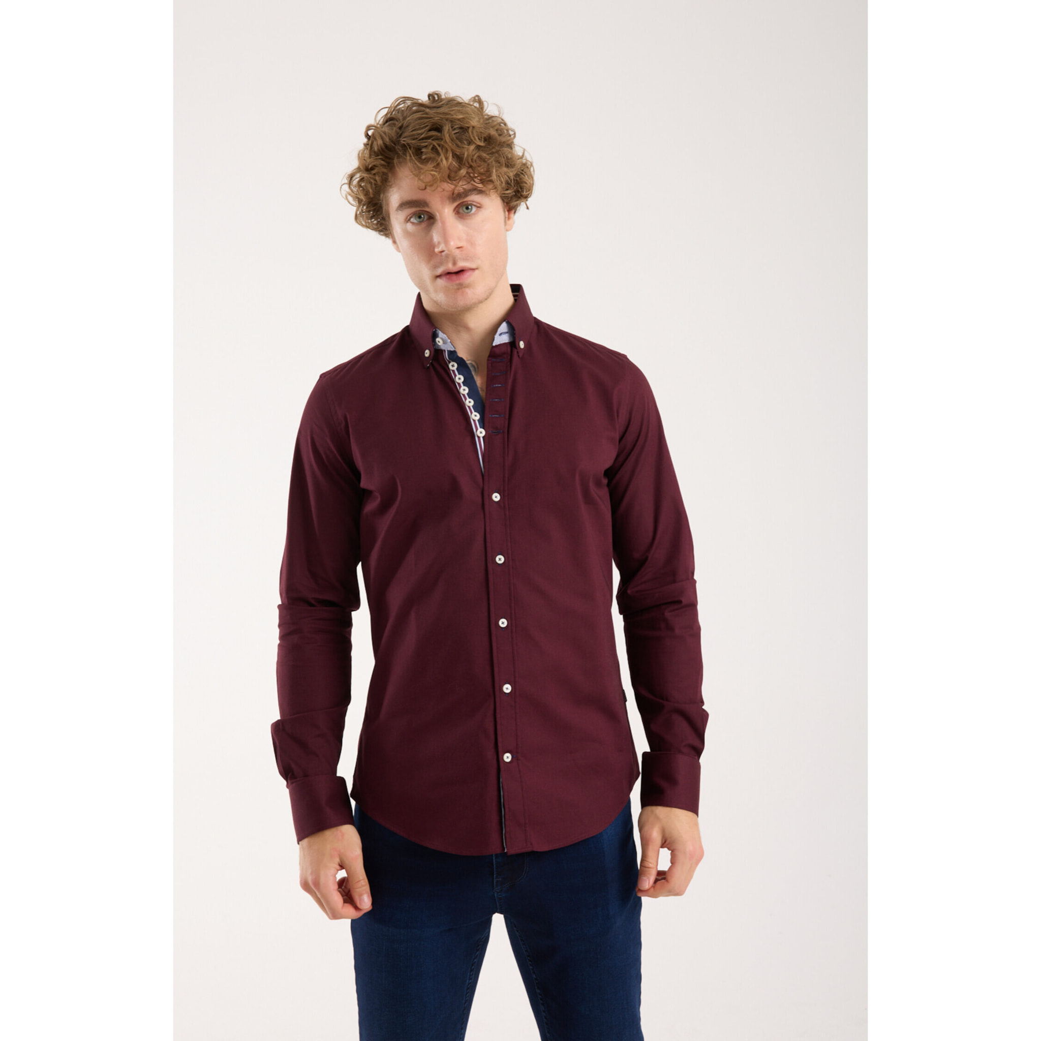 Camicia Uomo 1 Bottoni Button Down Slim Popeline Stretch Unito Bordeaux