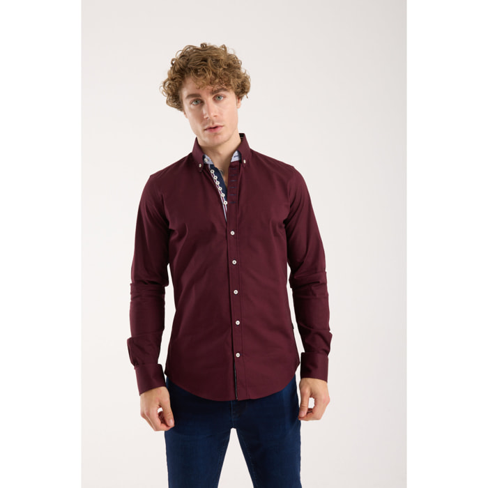 Camicia Uomo 1 Bottoni Button Down Slim Popeline Stretch Unito Bordeaux