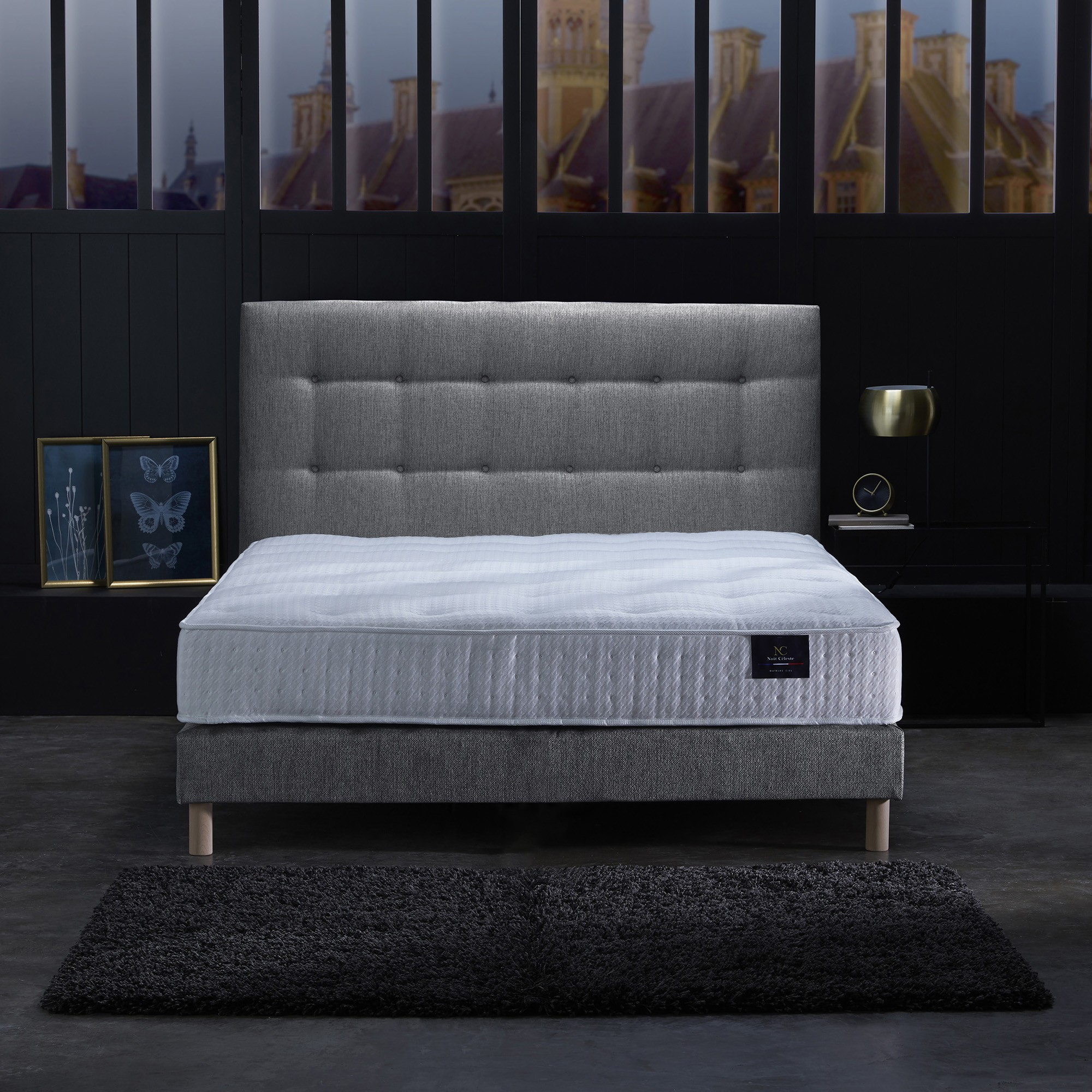 Ensemble Pulsar + tête de lit capitonnée - Matelas ressorts ensachés Mémoire de forme - Sommier Gris Souris