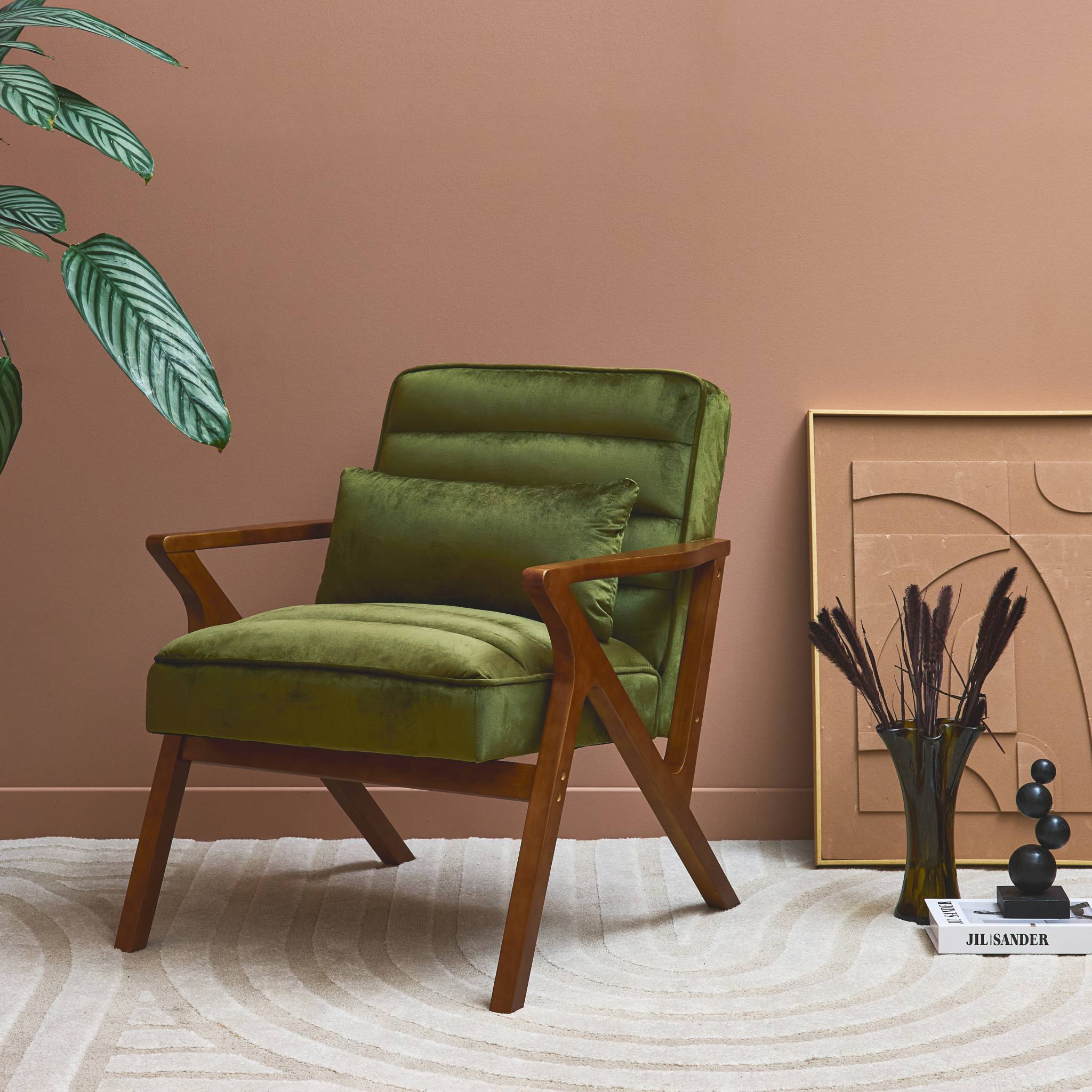 Fauteuil scandinave bois d'hévéa et velours kaki