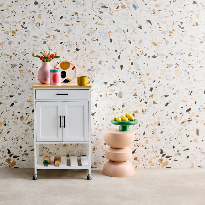 Desserte de cuisine blanche BENDOR plateau en bois d'hévéa. 56 x 46 x 90 cm. 4 roues. 1 tiroir. 2 étagère. 1 double porte. style contemporain