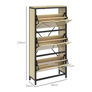 Meuble à chaussures 3 portes abattants - étagères réglables - dim. 60L x 24l x 124H cm - acier noir aspect bois