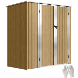 Caseta de Jardín Exterior 1,37 m², 163x89x163 cm, Cobertizo de Jardín Exterior Metálico con Techo Inclinado, Puertas con Pestillo y Guantes para Almacenamiento de Herramientas, Marrón Claro