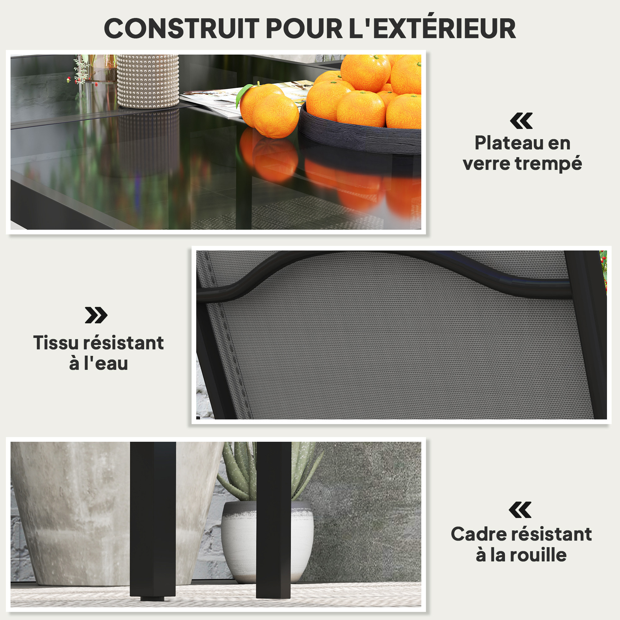 Ensemble table de jardin rectangulaire et 4 chaises empilables métal textliène verre trempé noir