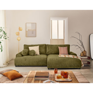 Nelly - canapé d'angle droit 4 places convertible avec coffre en velours texturé - Vert Olive