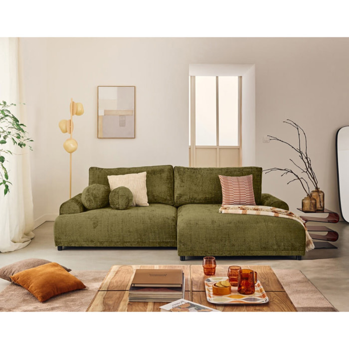 Nelly - canapé d'angle droit 4 places convertible avec coffre en velours texturé - Vert Olive