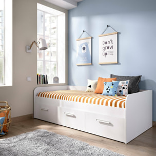 Letto per bambini Adamello, Lettino contenitore per cameretta, Struttura per letto singolo con 3 cassettoni, 194x97h60 cm, Bianco