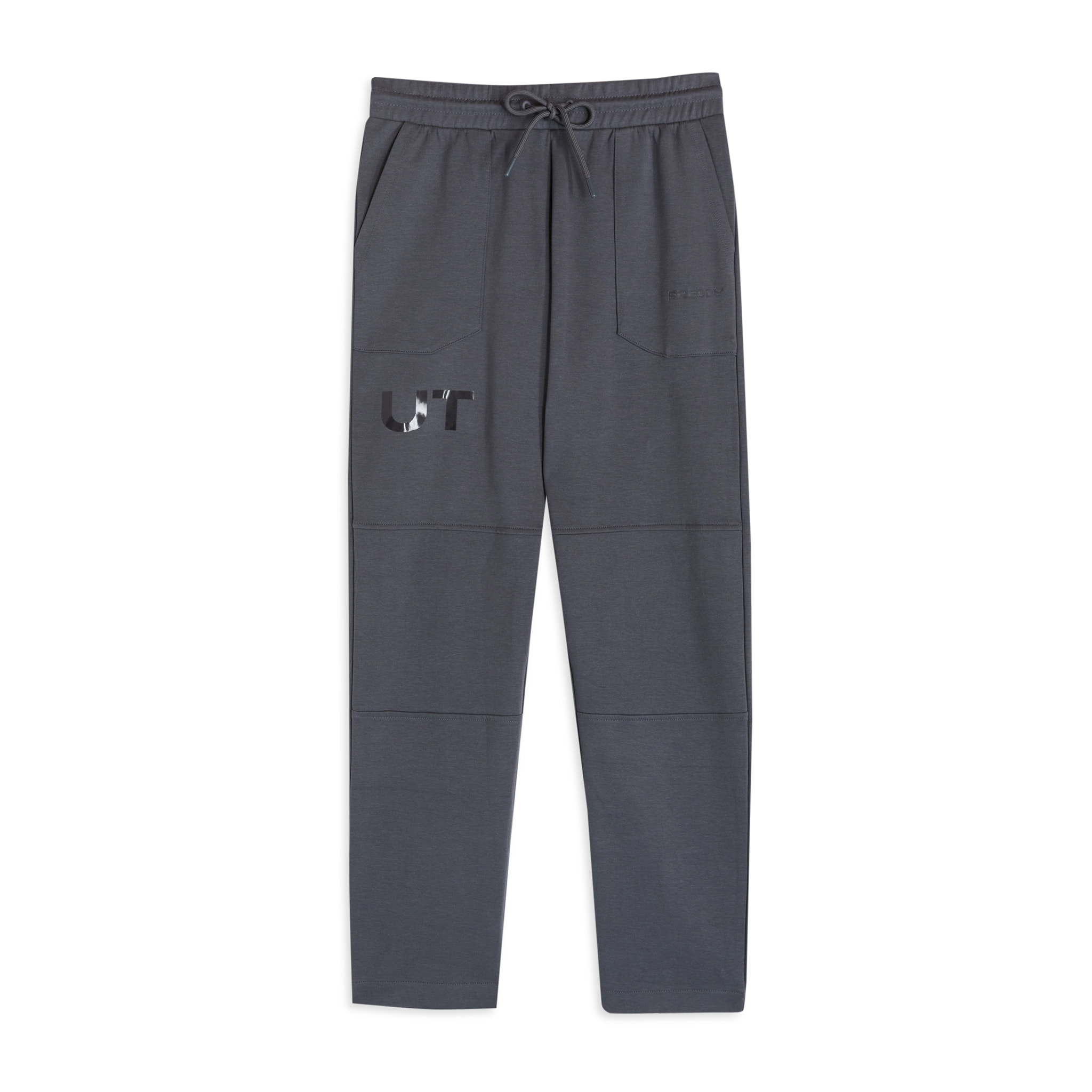 Pantaloni slim in interlock con stampa UT e cuciture
