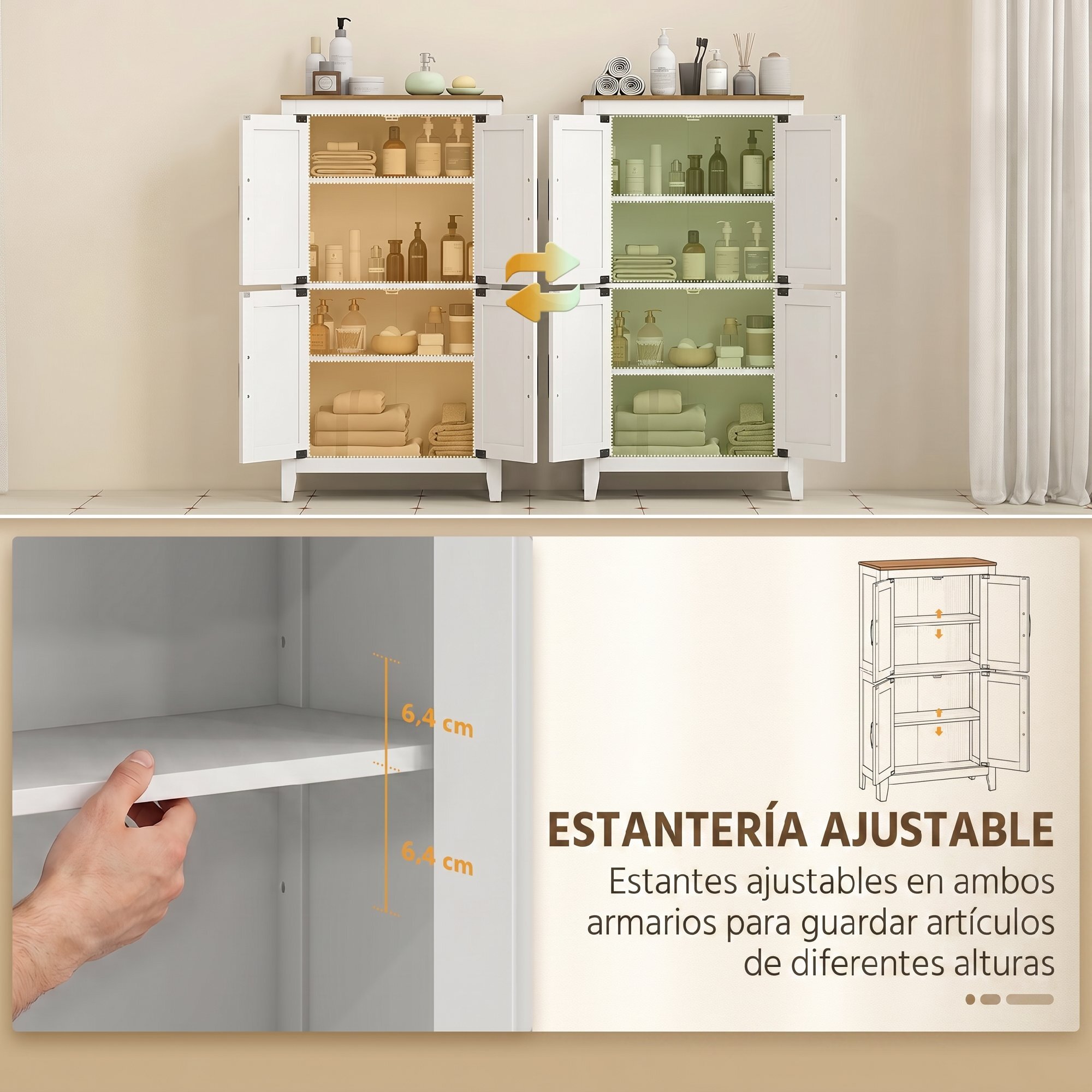 HOMCOM Armario de Baño Estrecho, Mueble Auxiliar de Baño con Puertas Tipo Granero, 4 Estantes y Estantes Ajustables, Ahorro Espacio, 60x30x110 cm, Blanco