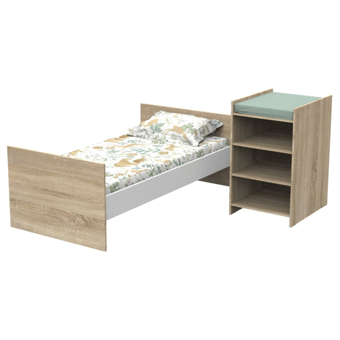 Lit bébé combiné 120x60 évolutif en 90x190 en décor bois avec commode à langer étagère