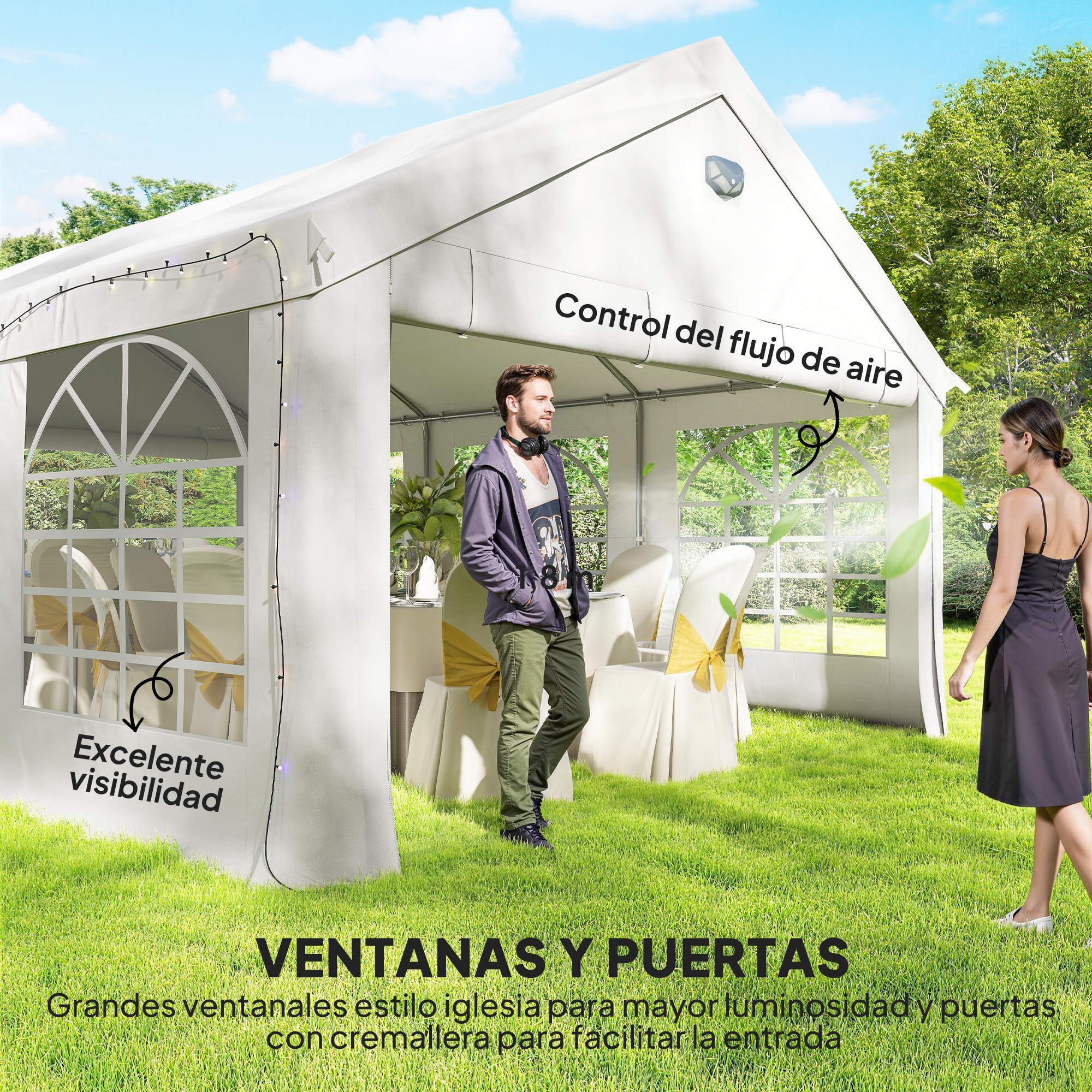 Carpa para Fiesta 4x6 m con Luces LED, Carpa de Jardín con Estructura Acero Galvanizado, Paredes Laterales Extraíbles, 2 Puertas con Cremallera, Ventanas, UPF30+, Gazabo para Eventos, Blanco