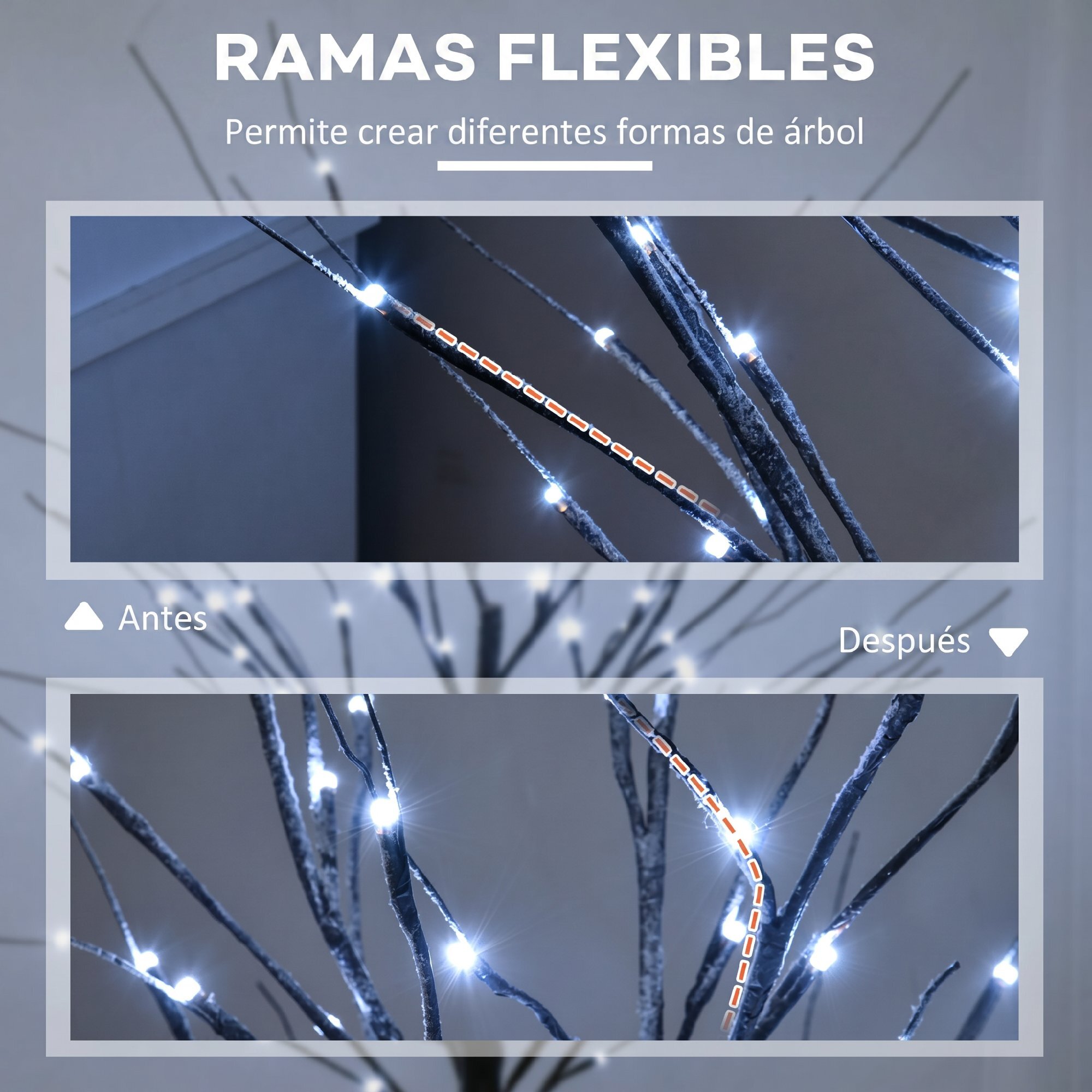 Árbol de Abedul Artificial 150 cm, Lámpara de Árbol con 96 Luces LED Blanco Frío, Nieve Falsa, Base Metálica, Decoración Navideña para Fiestas, Cumpleaños, Interiores, Marrón