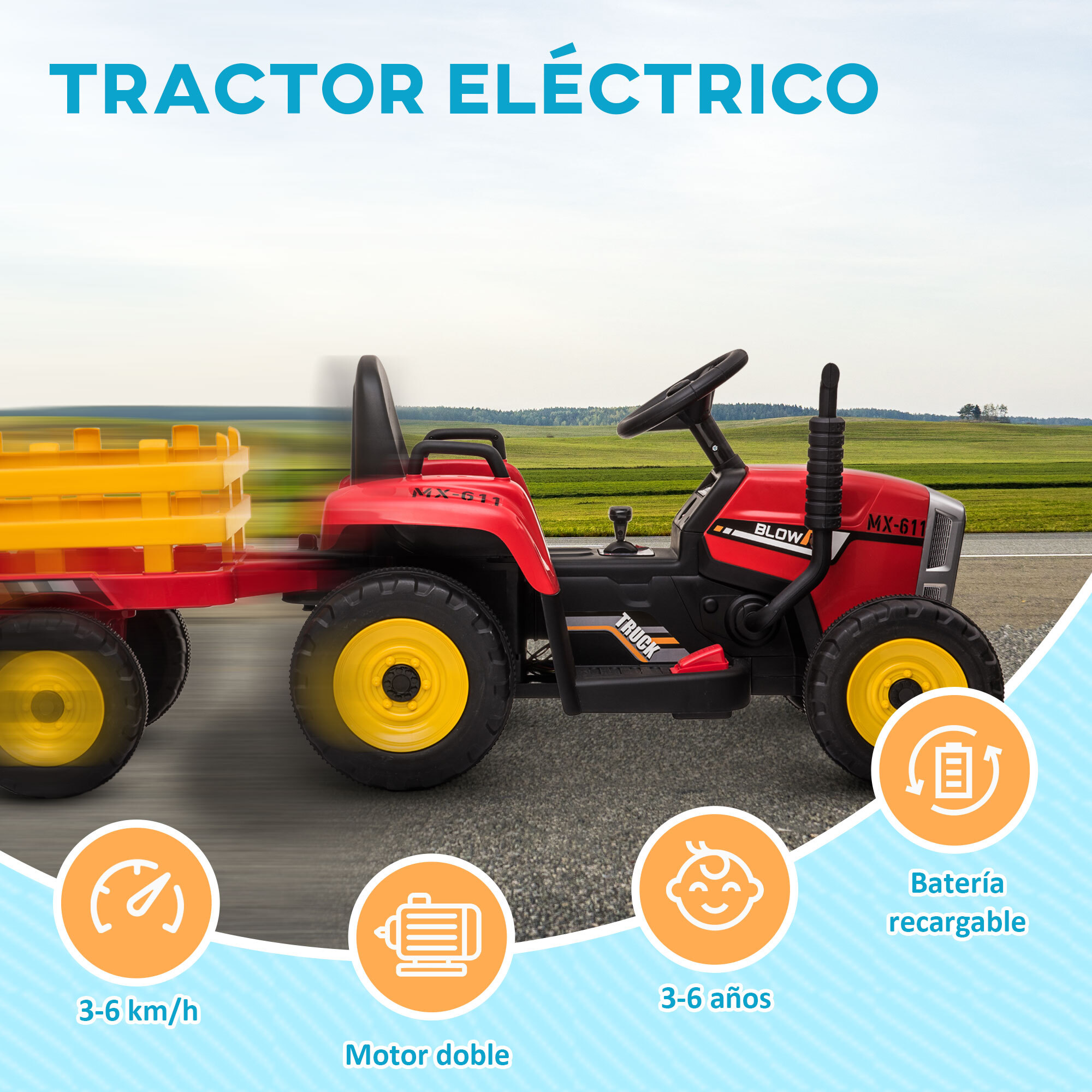 Tractor Eléctrico con Remolque Desmontable Coche Eléctrico para Niños 3-6 Años con Control Remoto Música MP3 Pantalla Luces y Cinturón de Seguridad 136,5x50x52,5 cm Rojo