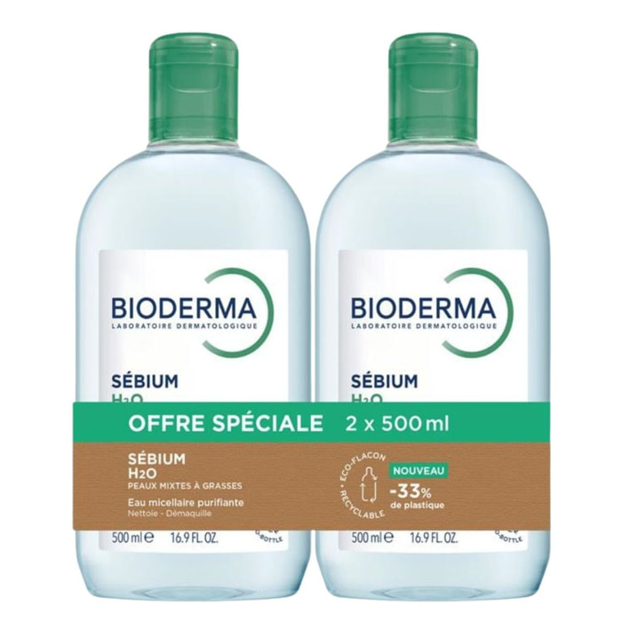 Sébium H2O - Eaux Micellaires Purifiantes - Peaux Mixtes à Grasses 2 x 500 ml