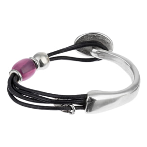 Pulsera cuero negro y resina amatista plata chapado