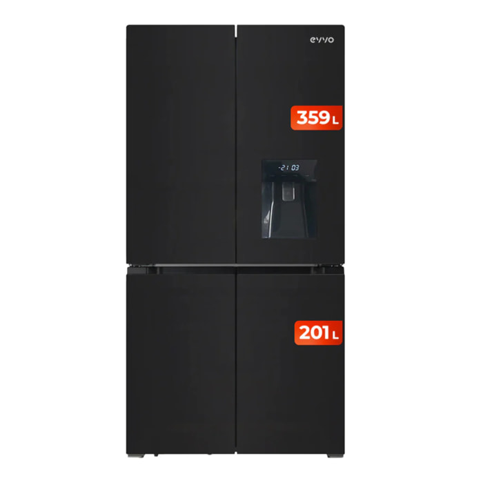 EVVO Frigorífico 4 puertas F100 Glass, Inverter, Total No Frost, 321l + 169l, Dispensador de agua