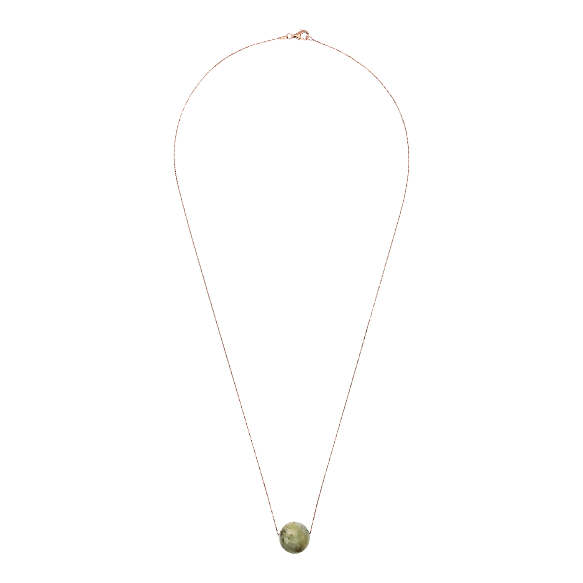 Collana Catena Rolo con Pendente Sferico in Pietra Naturale Prehnite Grigia in Argento 925 placcato Oro rosa 18Kt